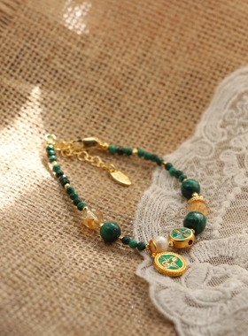 新中式国风绿财神孔雀石手链项链黄水晶珍珠原创设计短项链手链