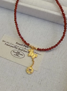 新中式国风项链红玛瑙925银小马吊坠项链新年款