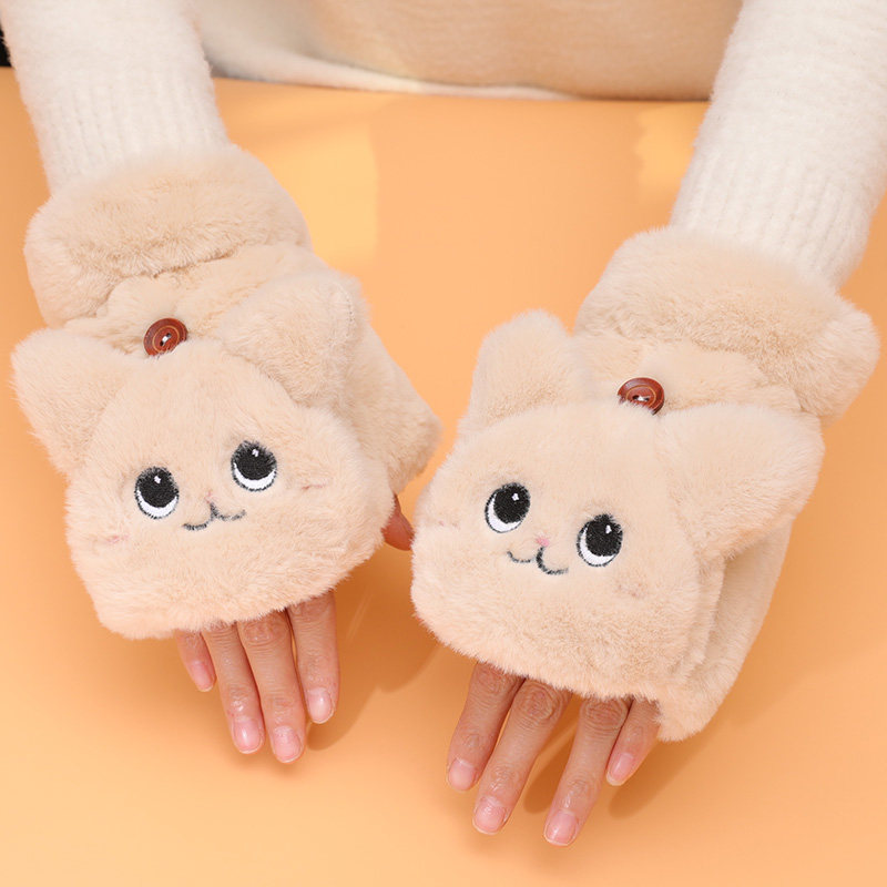 新秋冬翻盖半指手套韩版可爱猫猫骑车保暖毛绒加厚卡通学生女写字,淘宝优惠券,粉丝福利购,淘宝优惠卷