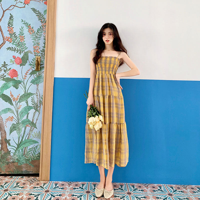 格子吊带连衣裙女2020长裙 魅雯儿连衣裙