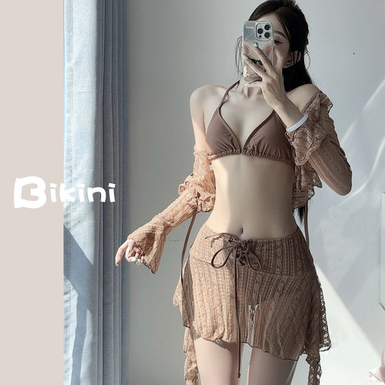 鲨鱼小姐裙式分体泳衣带胸垫四件套女蕾丝性感保守遮肉防晒比基尼