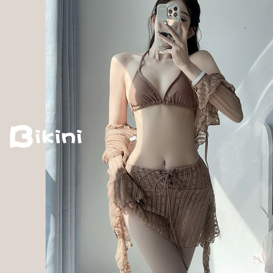 鲨鱼小姐裙式分体泳衣带胸垫四件套女蕾丝性感保守遮肉防晒比基尼