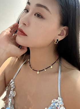 欧美小众精致手工黑色串珠复古金币简约气质细项链锁骨链choker女