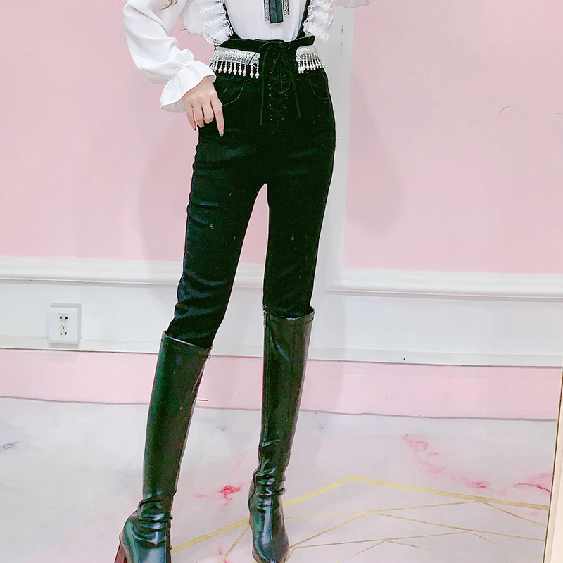 公主家2021韩版新款重工修身显瘦蕾丝边长款牛仔背带裤长裤小脚裤