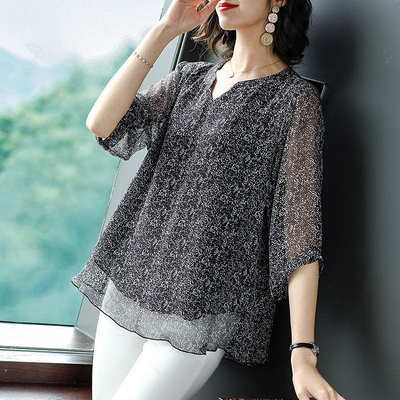 法式碎花洋气小衫2023新款雪纺衫 火袖蕾丝衫/雪纺衫