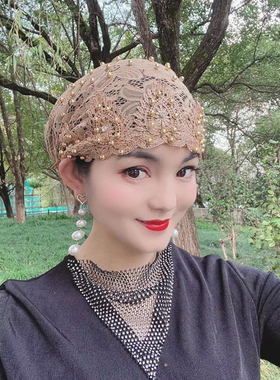 弹力松紧蕾丝钉珠包头帽