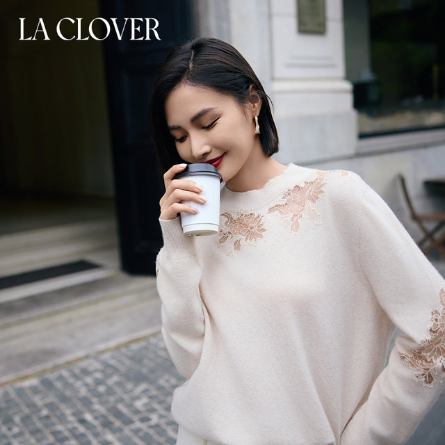 LA CLOVER Hua Yue Man Yi round neck lace cashmere sweater LC72YQ2