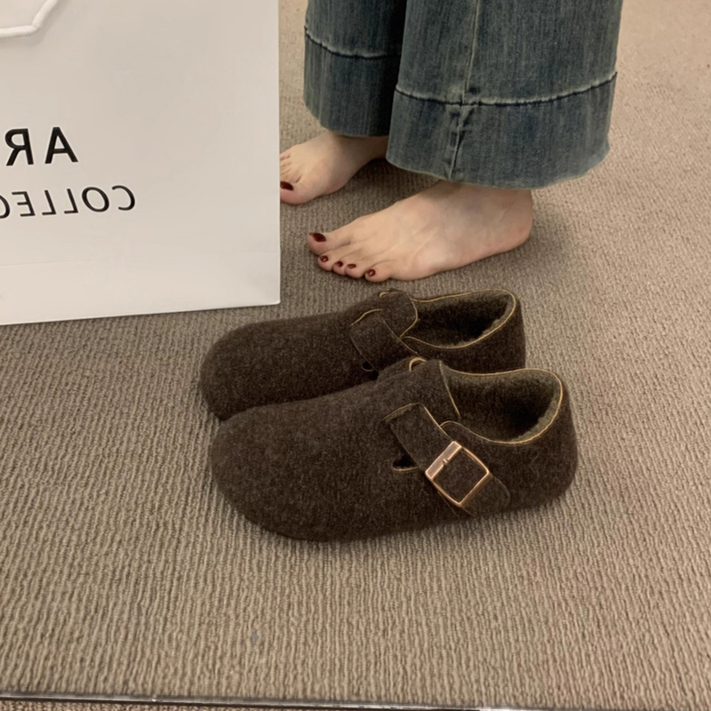 复古毛毡加绒勃肯鞋女2025秋冬新款加绒一脚蹬保暖棉鞋毛呢乐福鞋 - 图2