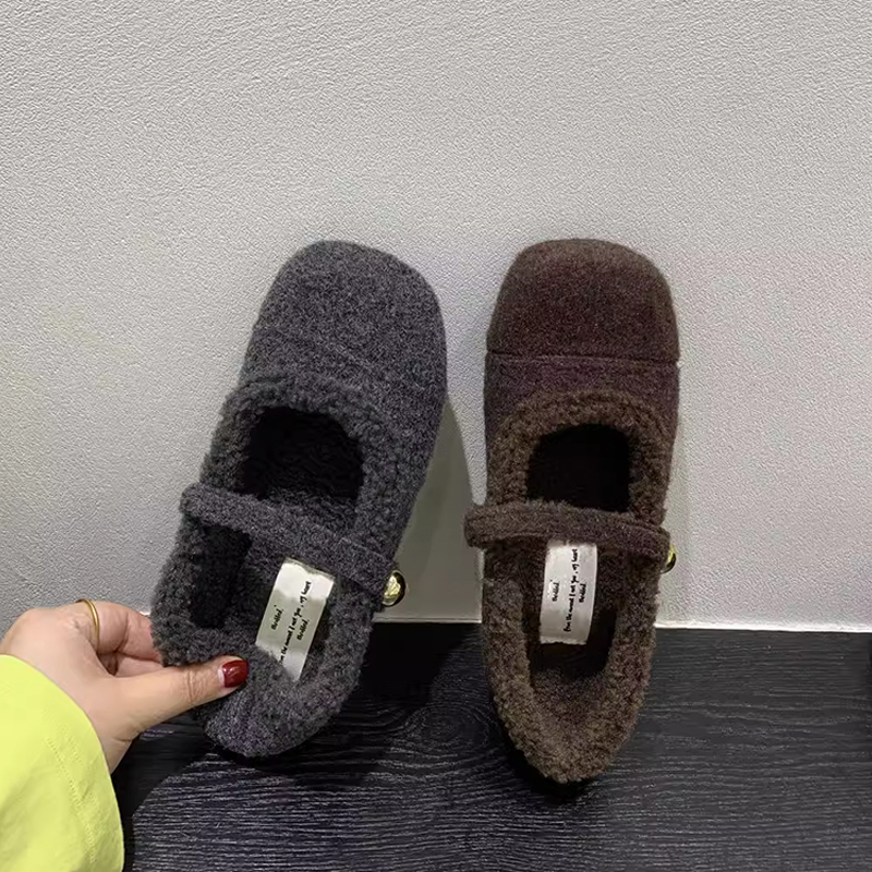 法式平底加绒单鞋保暖棉鞋女2025秋冬季新款一字带玛丽珍鞋毛毛鞋 - 图2