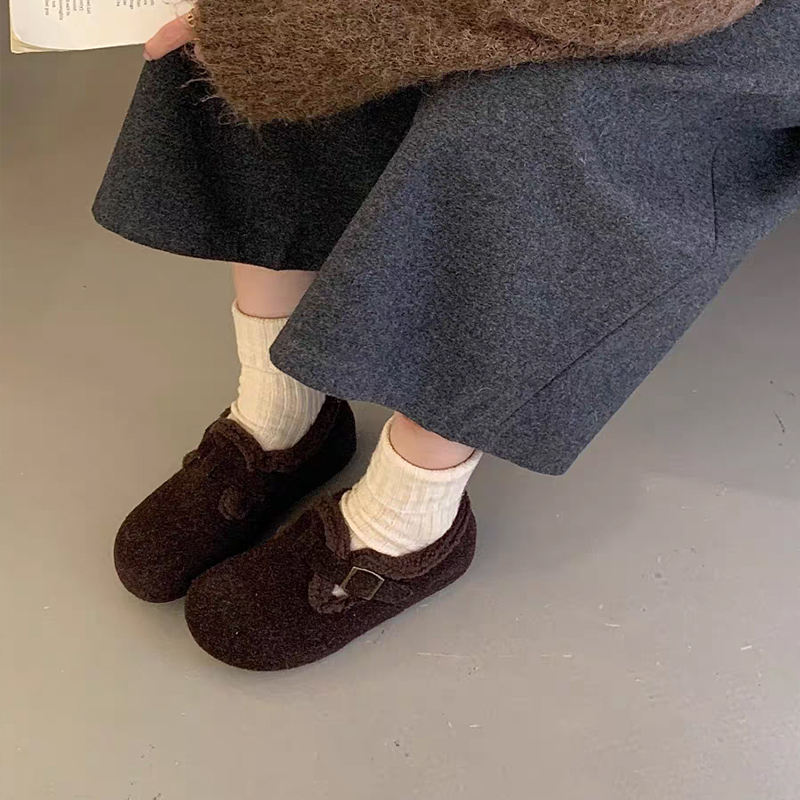 内增高加绒勃肯鞋女2025秋冬季新款羊羔毛圆头皮带扣厚底保暖棉鞋 - 图2