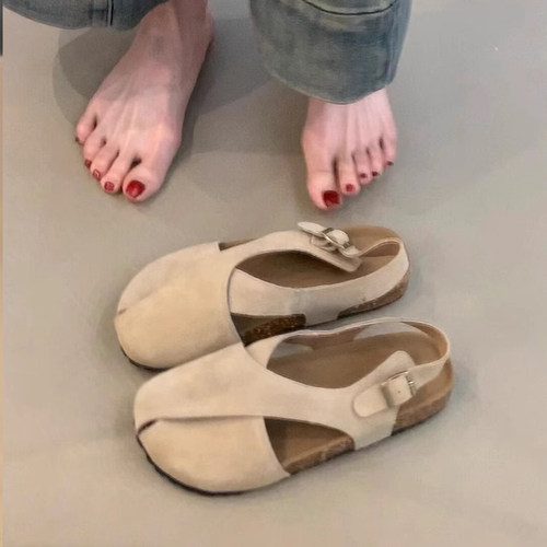 复古厚底显白交叉带勃肯包头凉单鞋女一字带扣圆头磨砂皮平底凉鞋 - 图1