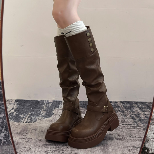 棕色复古英伦风粗跟厚底长筒靴女2025新款秋冬季显瘦长靴骑士靴子