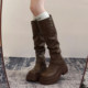 棕色复古英伦风粗跟厚底长筒靴女2025新款秋冬季显瘦长靴骑士靴子