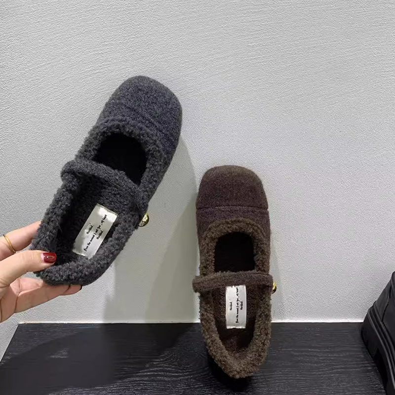 法式平底加绒单鞋保暖棉鞋女2025秋冬季新款一字带玛丽珍鞋毛毛鞋 - 图1