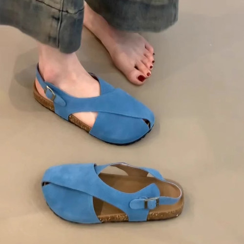 复古厚底显白交叉带勃肯包头凉单鞋女一字带扣圆头磨砂皮平底凉鞋 - 图0