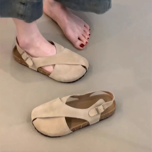 复古厚底显白交叉带勃肯包头凉单鞋女一字带扣圆头磨砂皮平底凉鞋 - 图2