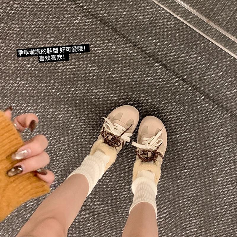 复古内增高毛毛鞋勃肯鞋女2025秋冬季新款加绒保暖系带德训鞋棉鞋 - 图1