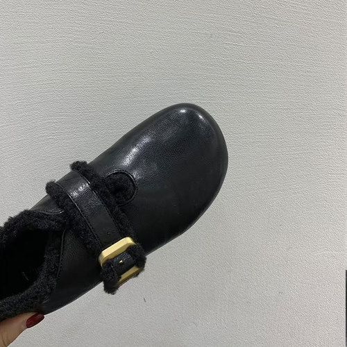复古平底毛呢全包加绒勃肯鞋女2025秋冬新款保暖乐福鞋一脚蹬棉鞋 - 图3