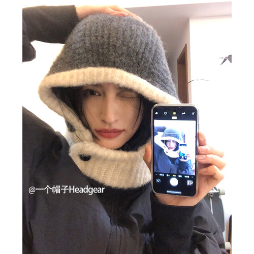 上镜~巴拉克拉法帽女秋冬季保暖针织毛线帽子围脖一体百搭雷锋帽 - 图1