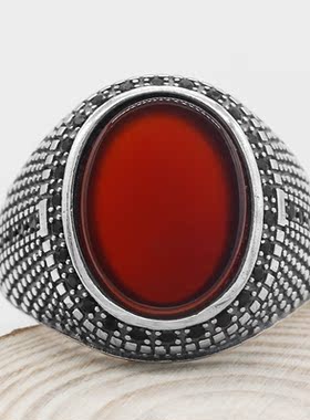 欧美风男士纯银红玛瑙饰品戒指