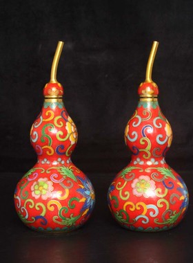 铜器摆件居家装饰礼品复古怀旧纯铜彩绘景泰蓝铜葫芦一对花开富贵