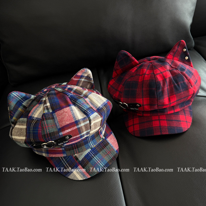 TAAK日系y2k格纹猫耳朵八角帽贝雷帽子女秋冬季显脸小可爱报童帽,淘宝优惠券,粉丝福利购,淘宝优惠卷