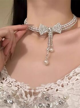 野心家【银河礼赞】闪锆蝴蝶结珍珠项链晚宴礼服choker锁骨链