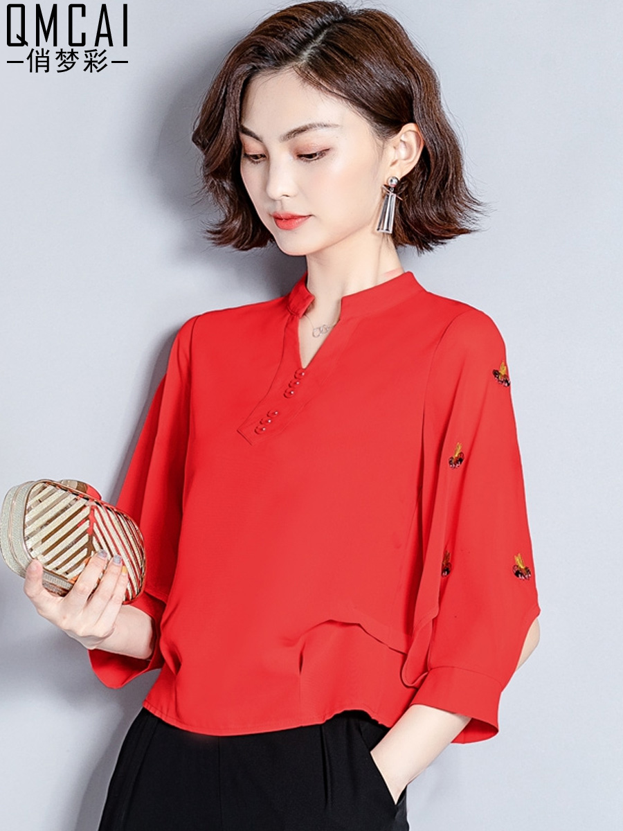 俏梦彩旗舰店春夏新款不显肚子雪纺衬衫女士洋气短款衬衣刺绣花七分袖上衣2
