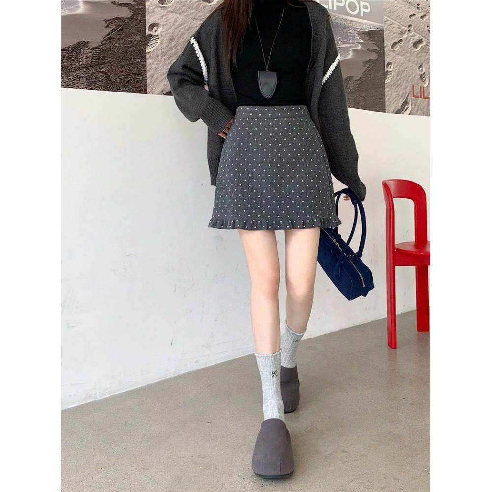 大码黑色波点毛呢半身裙女秋冬巨好看的短裙胖mm高腰显瘦a字半裙,淘宝优惠券,粉丝福利购,淘宝优惠卷