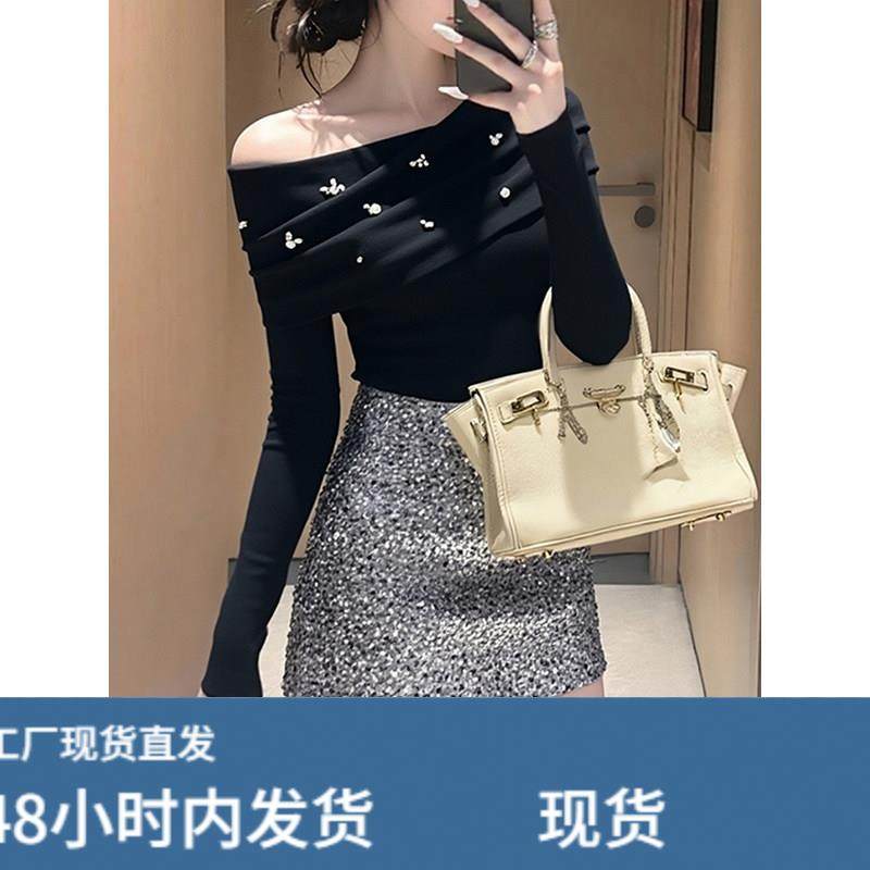 秋冬季独特黑色修身显瘦长袖t恤上衣设计感辣妹斜肩露肩打底衫女,淘宝优惠券,粉丝福利购,淘宝优惠卷
