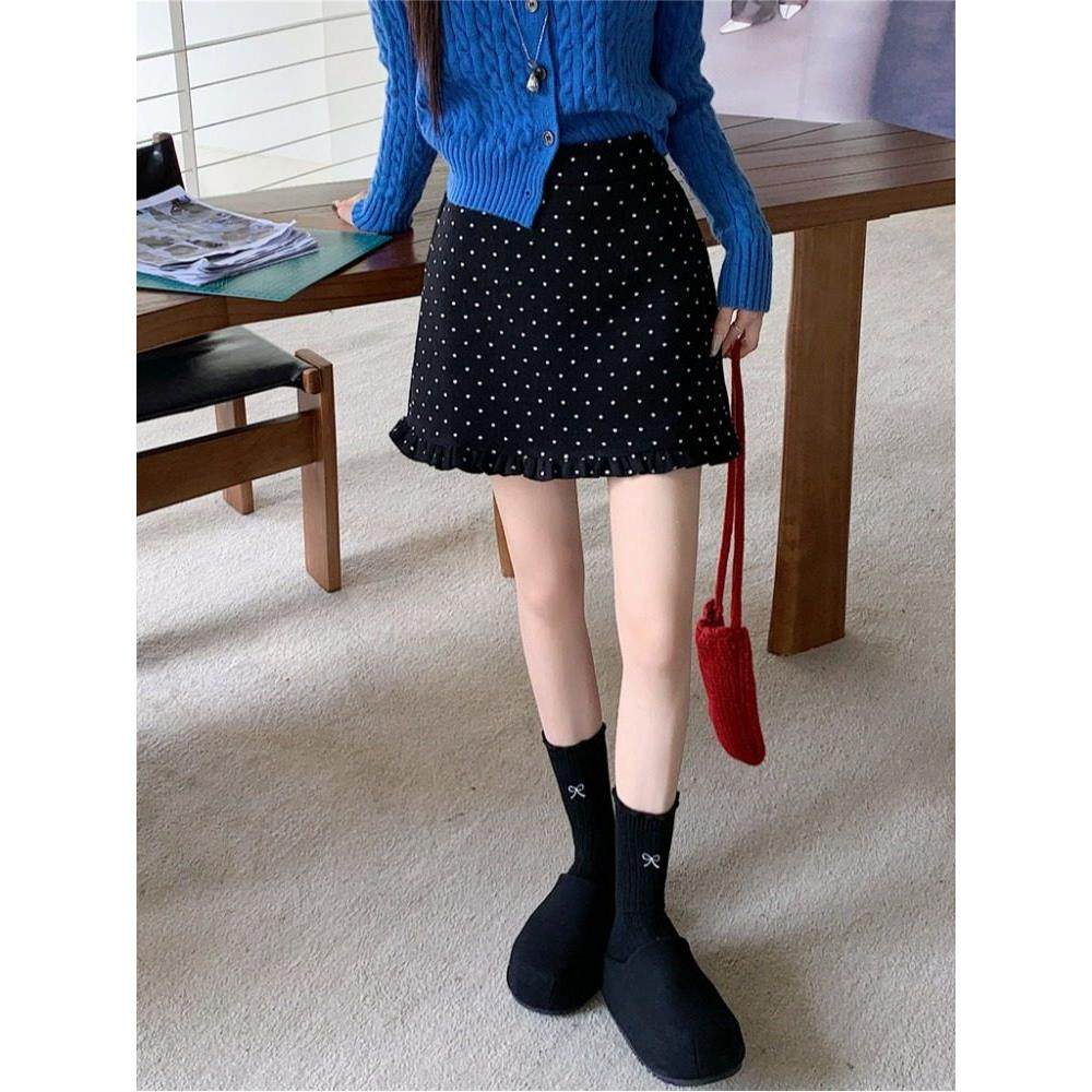 大码黑色波点毛呢半身裙女秋冬巨好看的短裙胖mm高腰显瘦a字半裙,淘宝优惠券,粉丝福利购,淘宝优惠卷