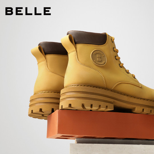 百丽男鞋休闲马丁靴子加绒保暖增高短靴户外工装大黄靴7TW01DD2