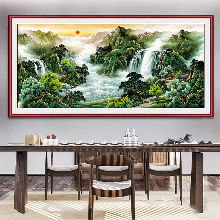 聚宝盆山水画靠山图客厅装饰画西墙聚财国画办公室旭日东升墙贴画,淘宝优惠券,粉丝福利购,淘宝优惠卷