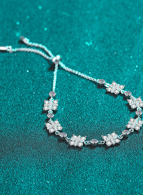 925纯银镀18K金手链女莫桑石推拉可调节手饰品镀pt950铂金莫桑钻