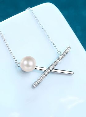 s925银镀18K金珍珠莫桑交叉款项链女简约锁骨链高级感镀PT950铂金