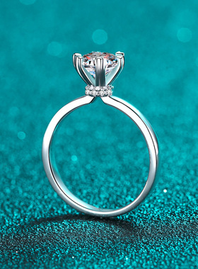 s925银镀18K金心形六爪戒指女莫桑石指环镀pt950铂金介子高端时尚