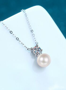s925银镀18K金女8mm无瑕疵淡水珍珠50分莫桑石项链 镀PT950 铂金