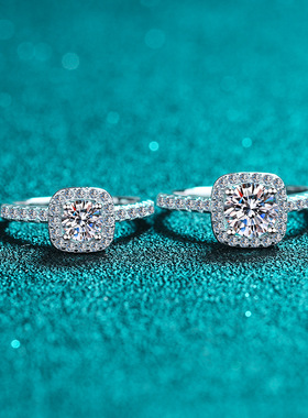 s925银镀18K金镀pt950铂金女1克拉四爪方包莫桑石轻奢小众戒指