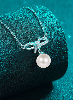 s925银镀18K金莫桑钻珍珠项链蝴蝶结吊坠可爱女锁骨链镀PT950铂金