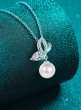 s925银镀18K金莫桑钻珍珠项链女蝴蝶翅膀镀PT950 铂金吊坠锁骨链