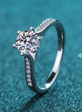 s925银镀18K金戒指女小红书款镀PT950 铂金转动六爪钻1克拉莫桑石