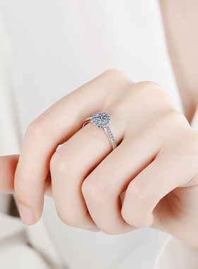 s925银镀18K金戒指女镀pt950铂金莫桑石戒指四爪圆包指环轻奢饰品