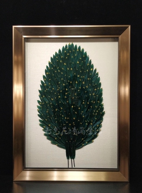 客厅现代简约三联画实物画立体孔雀绿色羽毛轻奢手工墙壁画