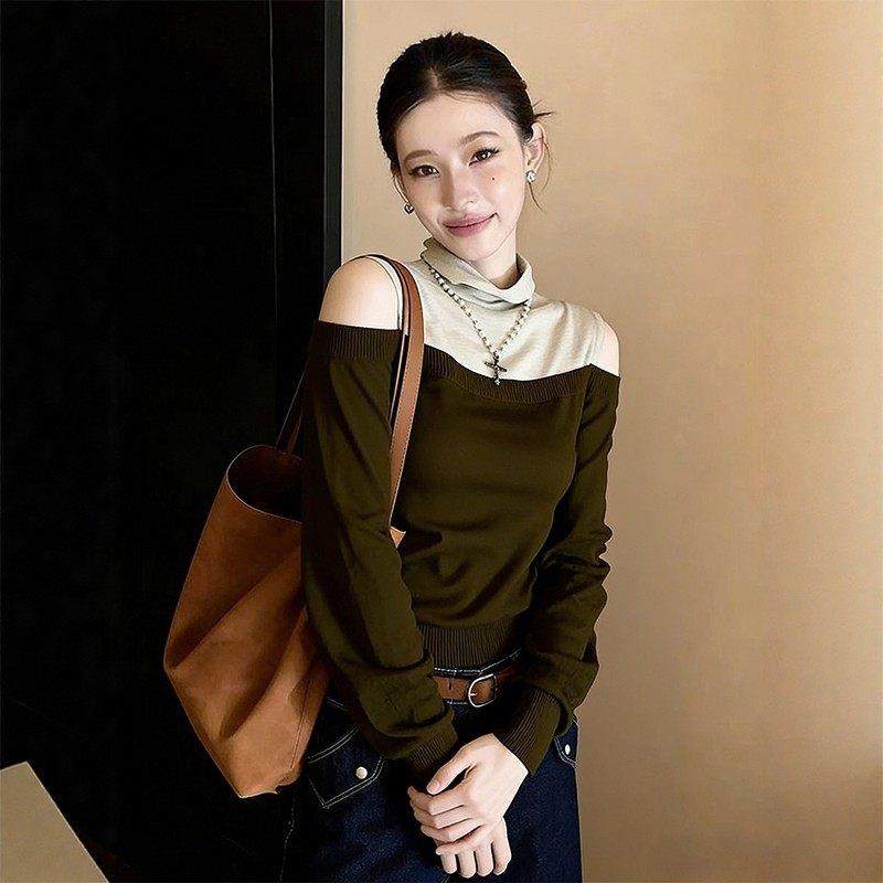 法式拼色堆堆领长袖针织衫女秋冬露肩洋气减龄高级感打底显瘦上衣,淘宝优惠券,粉丝福利购,淘宝优惠卷