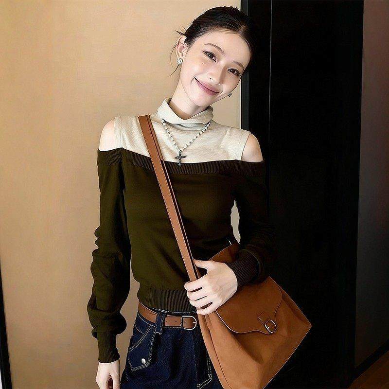 法式拼色堆堆领长袖针织衫女秋冬露肩洋气减龄高级感打底显瘦上衣,淘宝优惠券,粉丝福利购,淘宝优惠卷