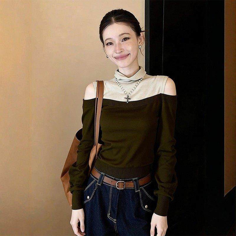 法式拼色堆堆领长袖针织衫女秋冬露肩洋气减龄高级感打底显瘦上衣,淘宝优惠券,粉丝福利购,淘宝优惠卷