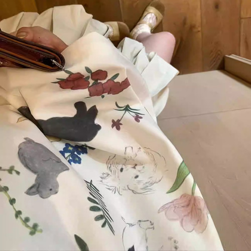ODD/趣味小众兔子无感印花圆领宽松纯棉短袖T恤女上衣夏透气百搭 - 图1