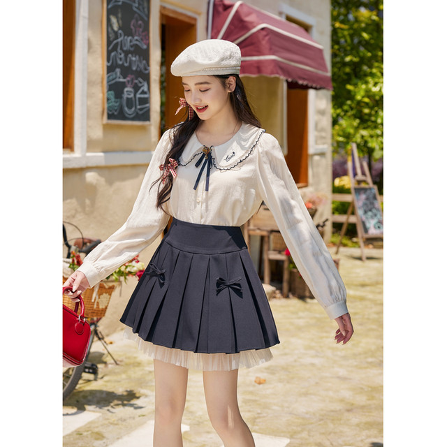 Zihan Bow High Waist Pleated Skirt Women's Autumn New Sweet College Style Fashion Mesh A-Line Skirt