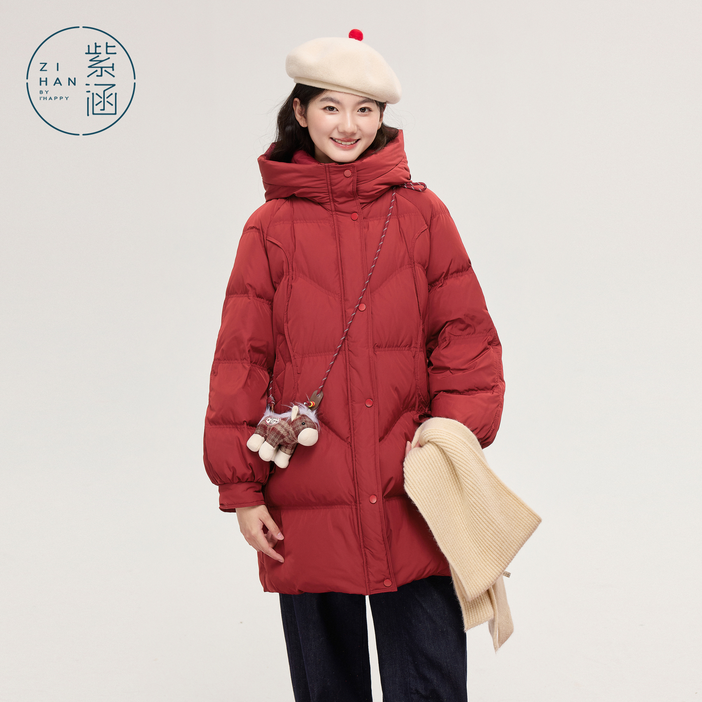 紫涵中长款直筒连帽羽绒服女2025年冬季新款宽松绑带保暖鸭绒外套 - 图0