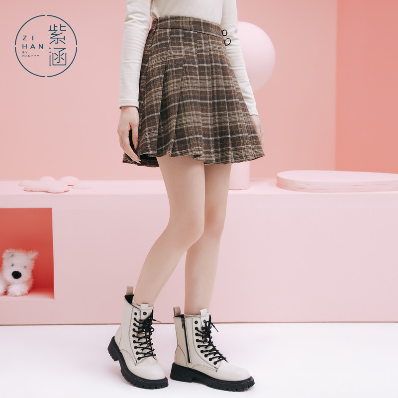 紫涵学院风短款百褶裙女冬季新款复古咖格短裙休闲收腰显瘦a字裙,淘宝优惠券,粉丝福利购,淘宝优惠卷